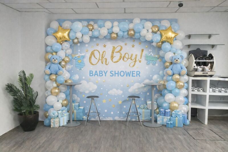 Baby shower decorado en azul y dorado