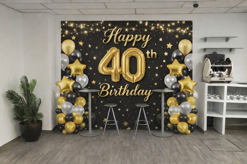 Fiesta de 40 cumpleaños con decoración dorada y negra